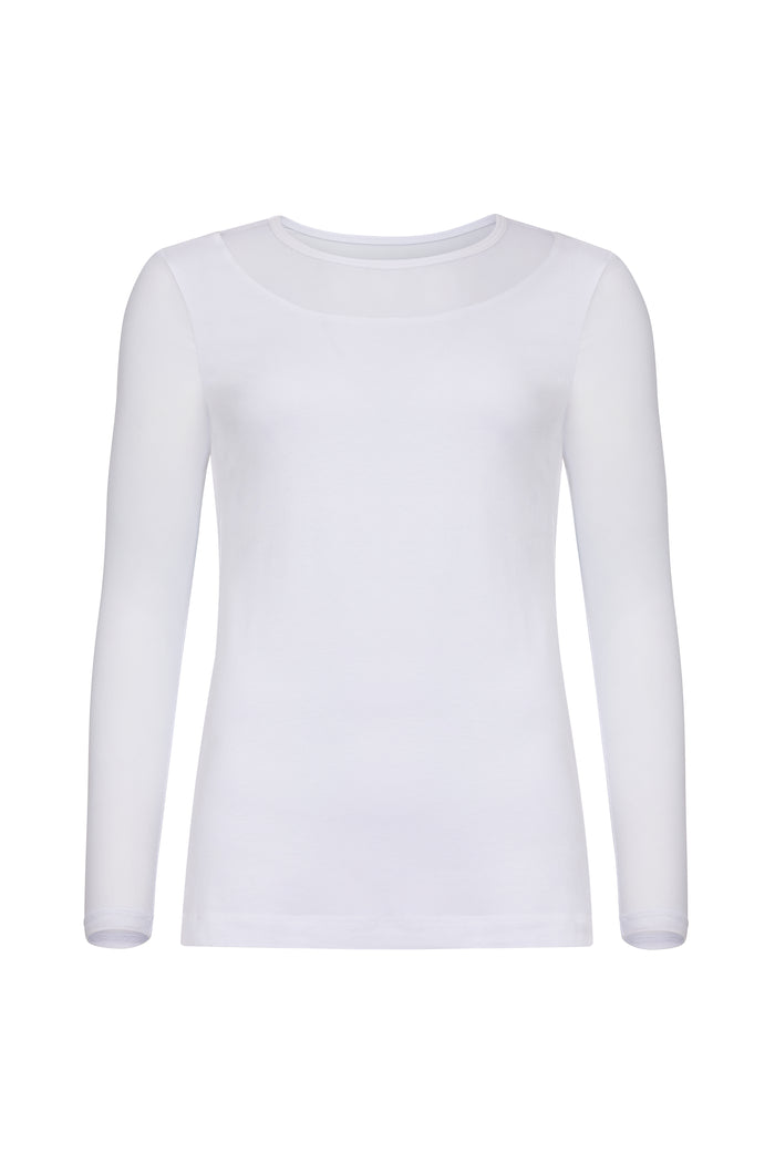 The Best Travel Top. Flat Lay of a Kim Mesh-Sleeve Top in Pima Modal in White.