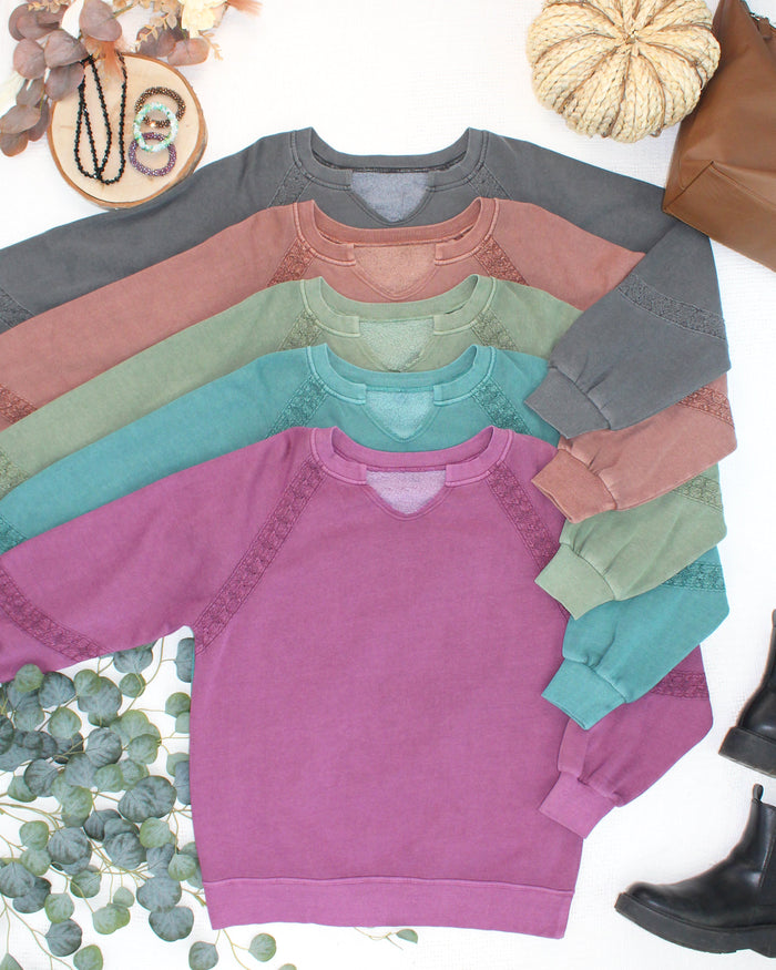 Lace Accent Vintage Wash Pullover - Purple by Michelle Mae