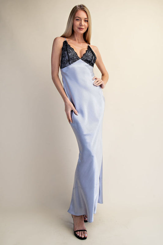 Lace Trim Satin Slip Maxi Dress