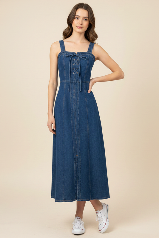 Lace-Up Front Denim Midi Dress