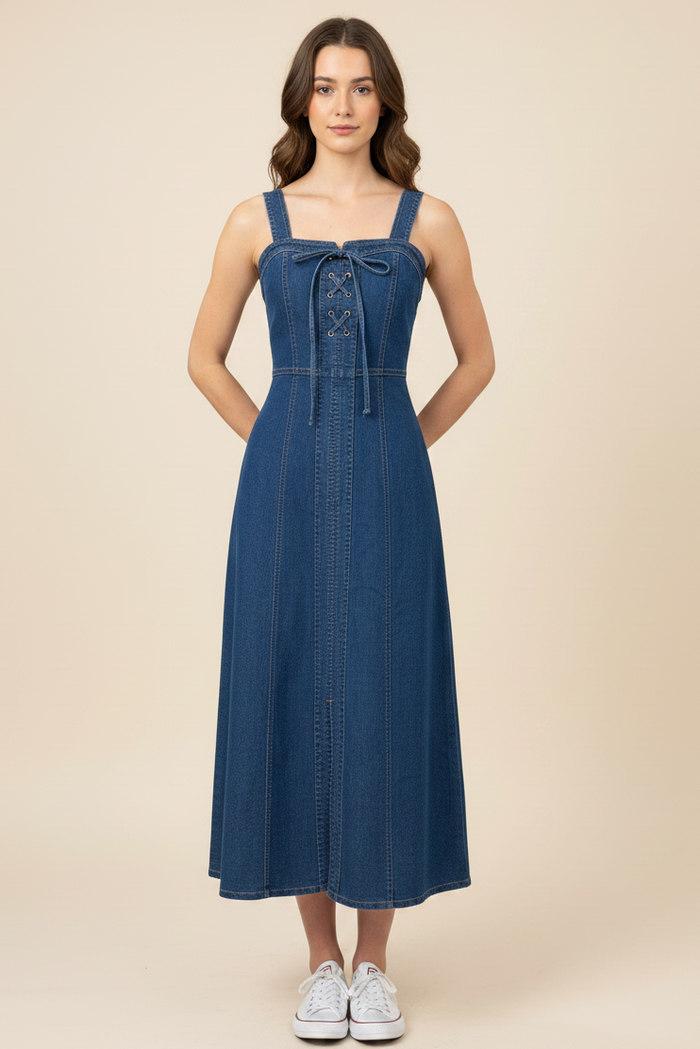 Lace-Up Front Denim Midi Dress