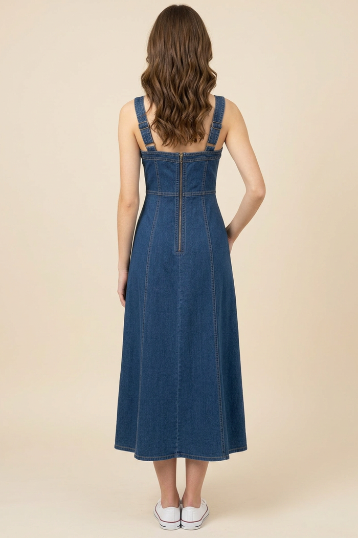 Lace-Up Front Denim Midi Dress