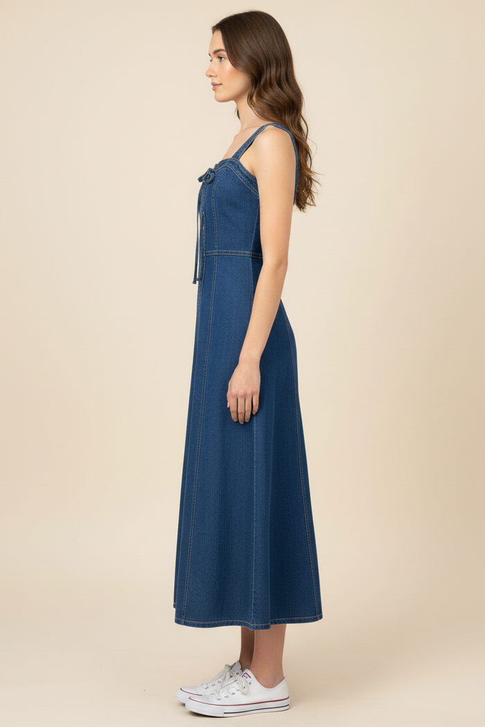 Lace-Up Front Denim Midi Dress