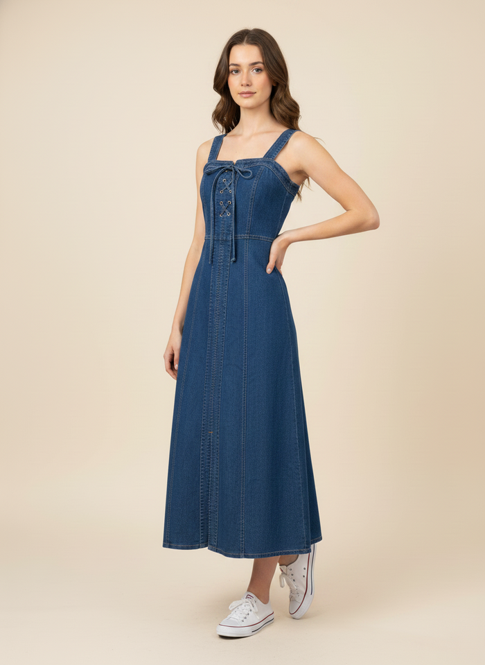 Lace-Up Front Denim Midi Dress