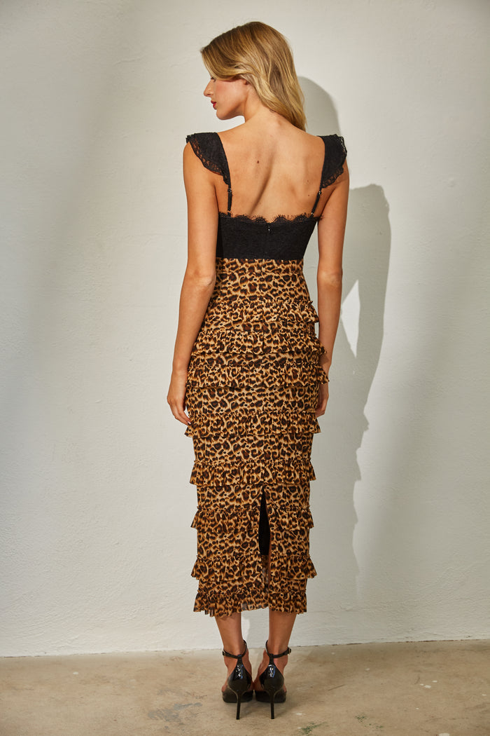 Leopard Mesh Tier Midi Dress With Lace Top Detail