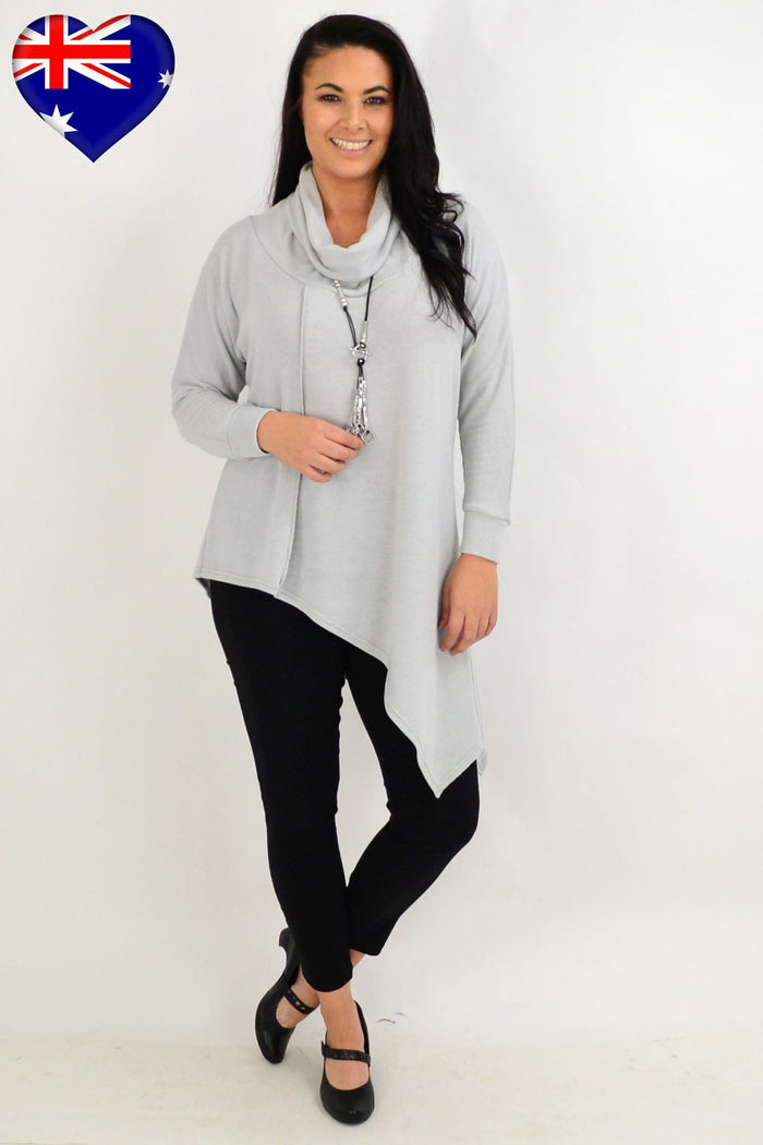 Light grey asymmetrical rolled neck jumper tunic by Four Girlz, made in Australia, featuring a stylish, cozy design.