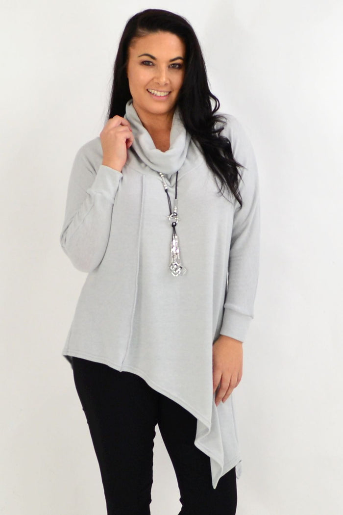 Light grey asymmetrical rolled neck jumper by Four Girlz, stylish tunic with a unique neckline, made in Australia.