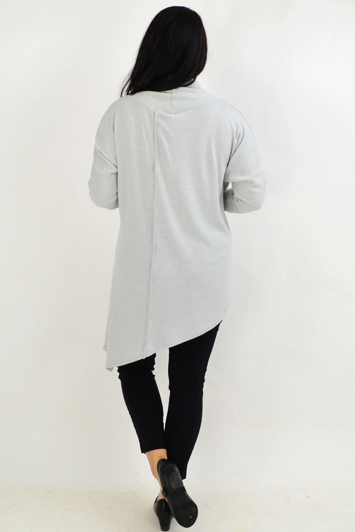 Light grey asymmetrical rolled neck tunic by Four Girlz, stylish and cozy women's jumper with a unique design.