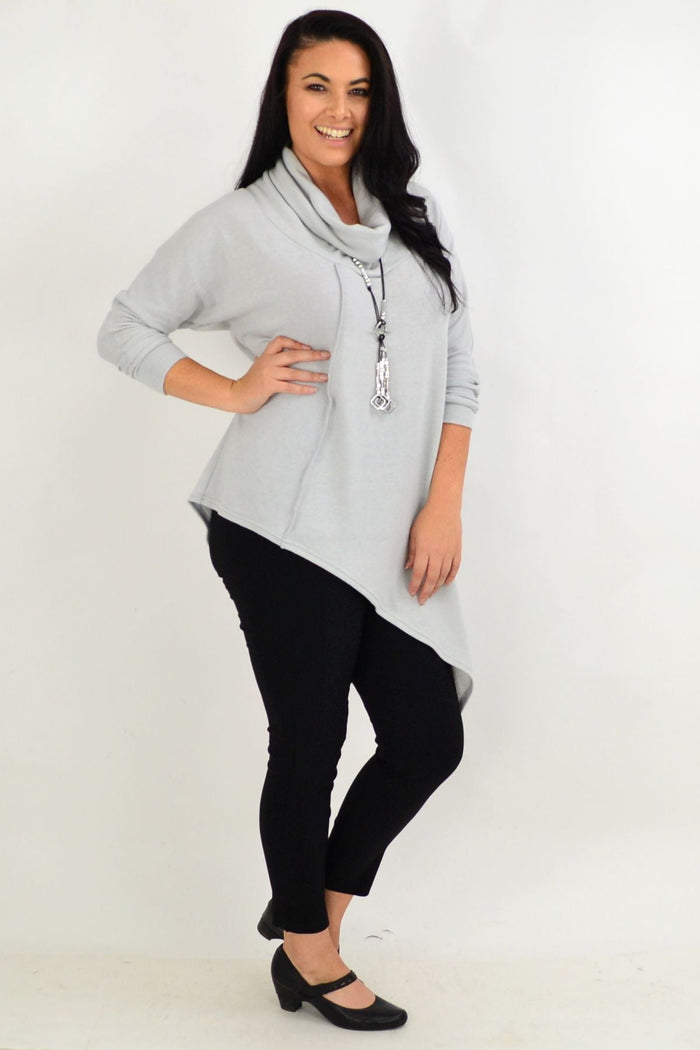 Light grey asymmetrical rolled neck jumper from Four Girlz, stylish tunic with a modern design, made in Australia.