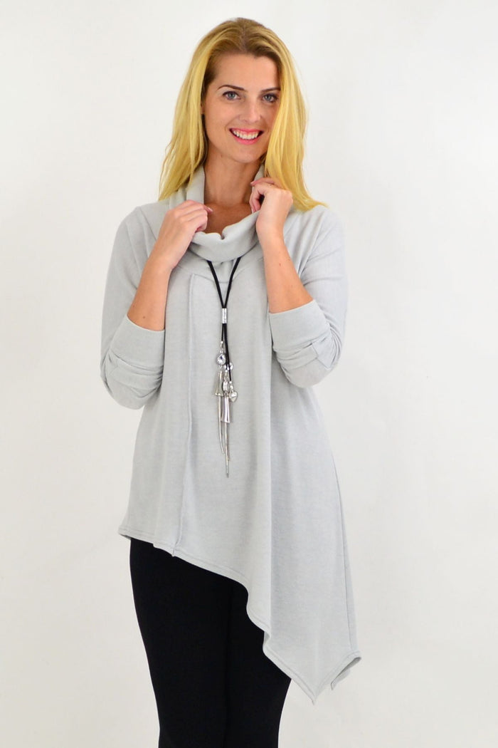 Light grey asymmetrical rolled neck jumper from Four Girlz, stylish tunic with a relaxed fit, made in Australia.