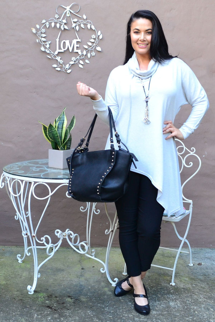 Light grey asymmetrical rolled neck jumper tunic by Four Girlz, showcasing a cozy, stylish knit with a unique neckline and relaxed fit.