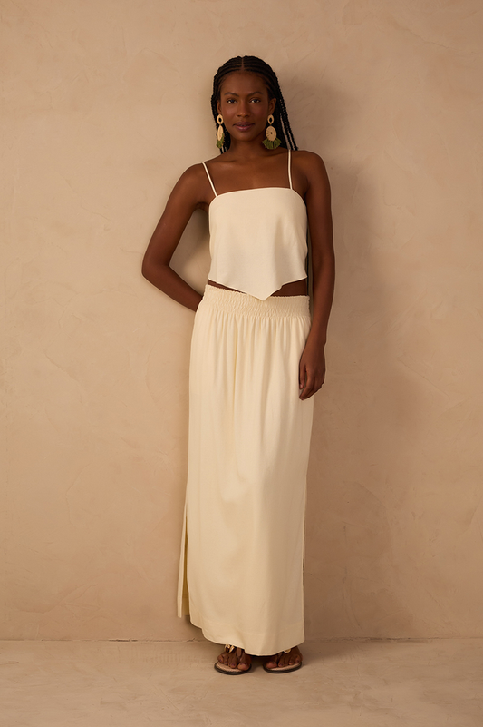 Linen Midi Smocked Waist Skirt