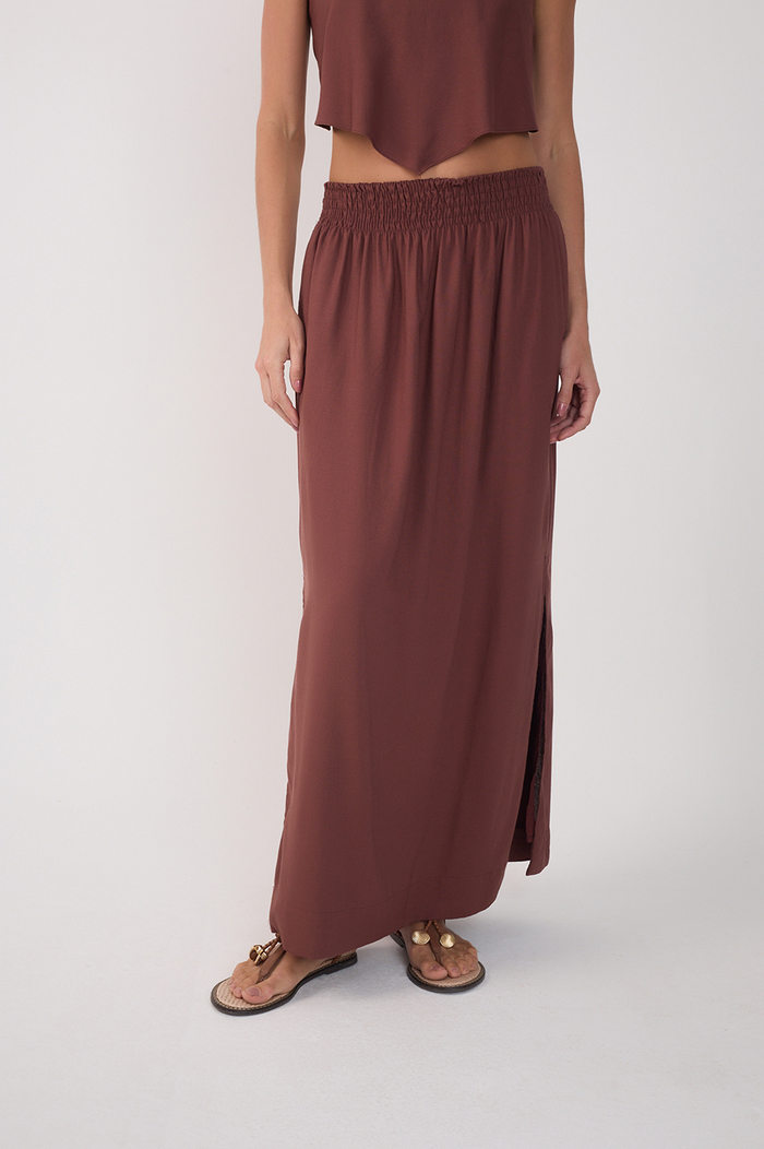 Linen Midi Smocked Waist Skirt