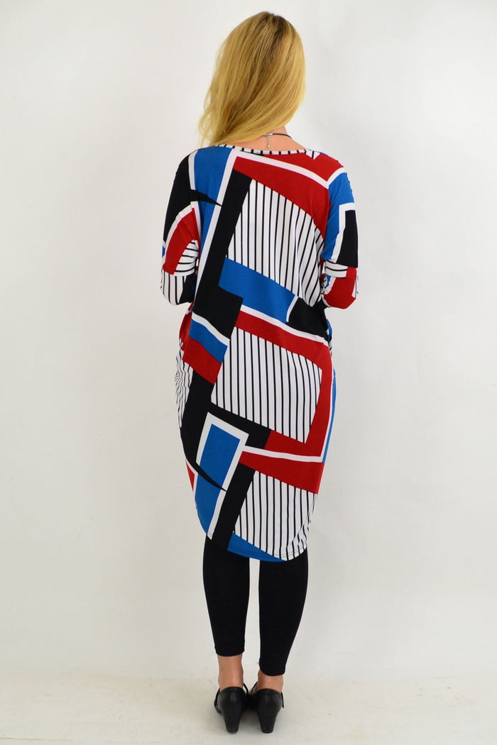 Red and blue striped high-low tunic dress by Four Girlz, featuring a relaxed fit and casual style with bold stripe patterns.