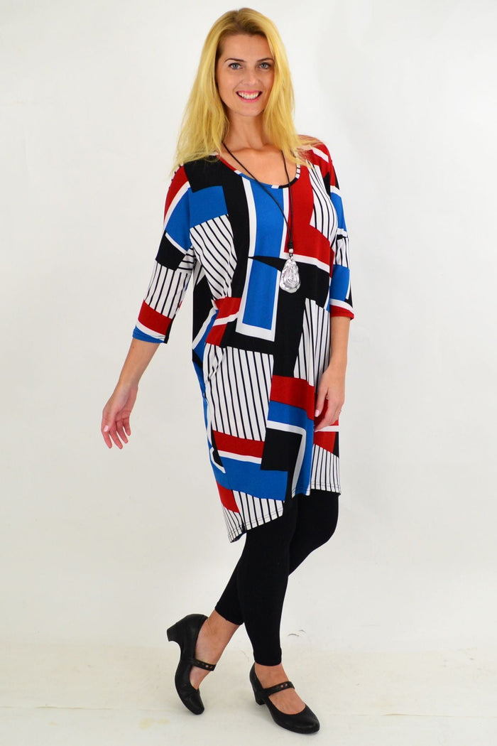 Red and blue Lines & Stripes Hi Low Tunic Dress by Four Girlz, featuring a casual, flowing design with striped pattern.