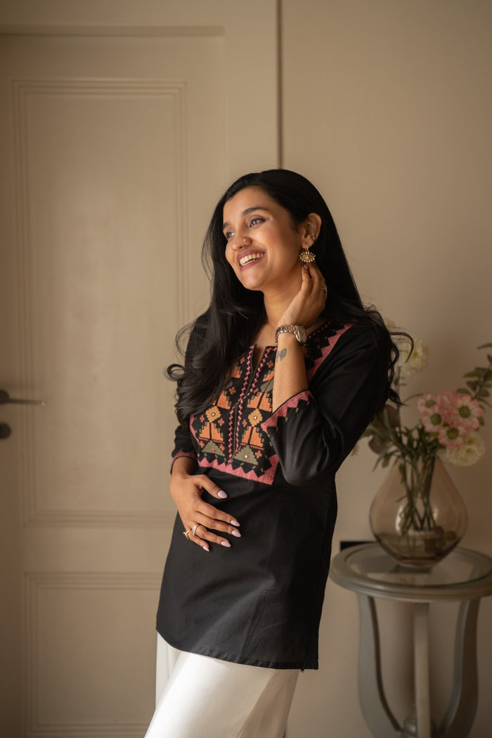 Lizi Embroidered Short Kurti- Black