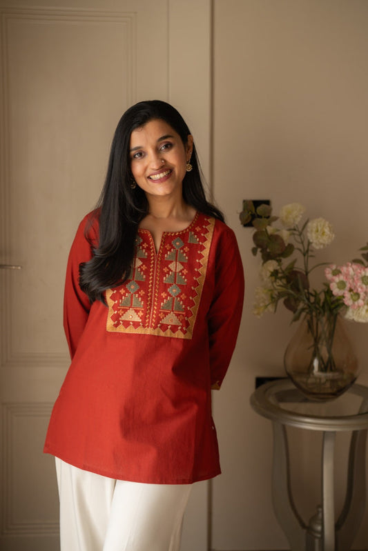 Lizi Embroidered Short Kurti- Rust