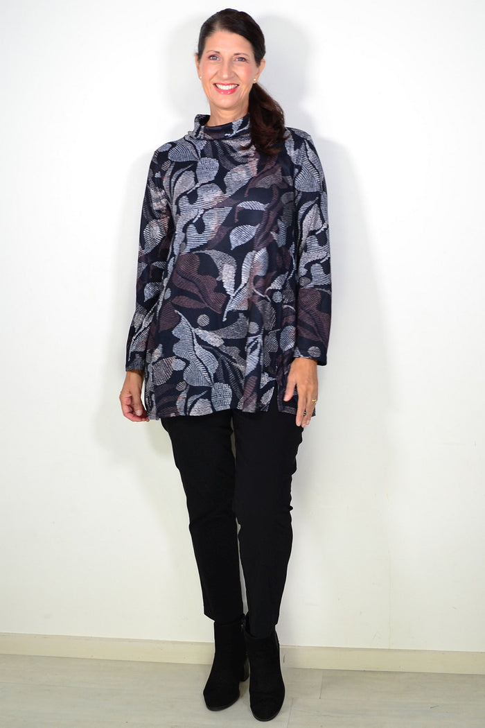 Long black printed winter tunic top by Hourglass, featuring a comfortable fit and stylish design, displayed on a hanger.