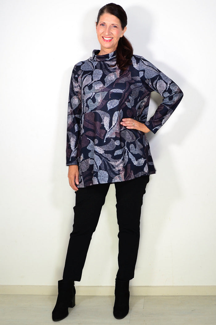 Long black printed winter tunic top by Hourglass, featuring a comfortable fit and stylish design with intricate print details.
