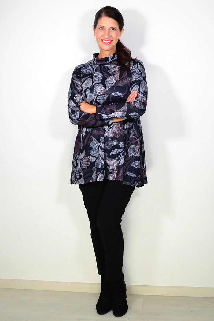 Long black printed winter tunic top by Hourglass, featuring a comfortable fit and stylish design, suitable for cold weather.