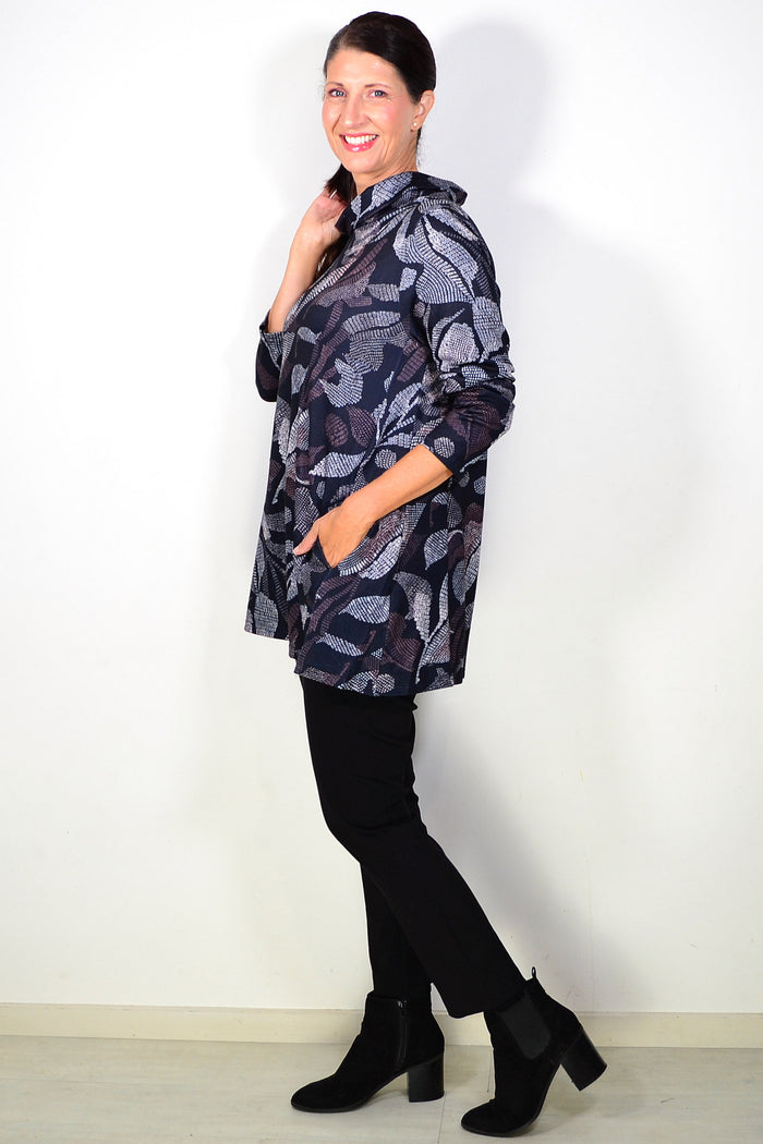Long black printed winter tunic top by Hourglass, featuring a comfortable fit and stylish design in soft fabric.