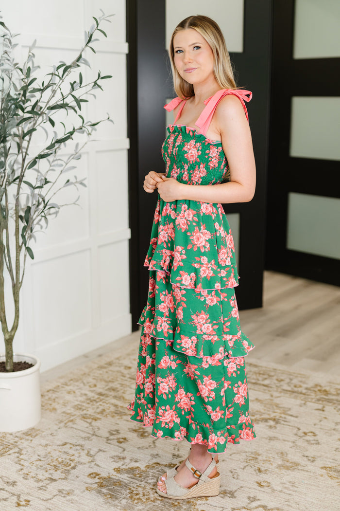 Low Effort, High Impact Tiered Dress in Green/Coral