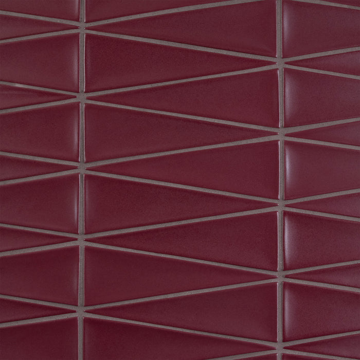 Caption: Dimensional Triangle in M129 Cranberry. Sable Brown grout by Custom Building Products.