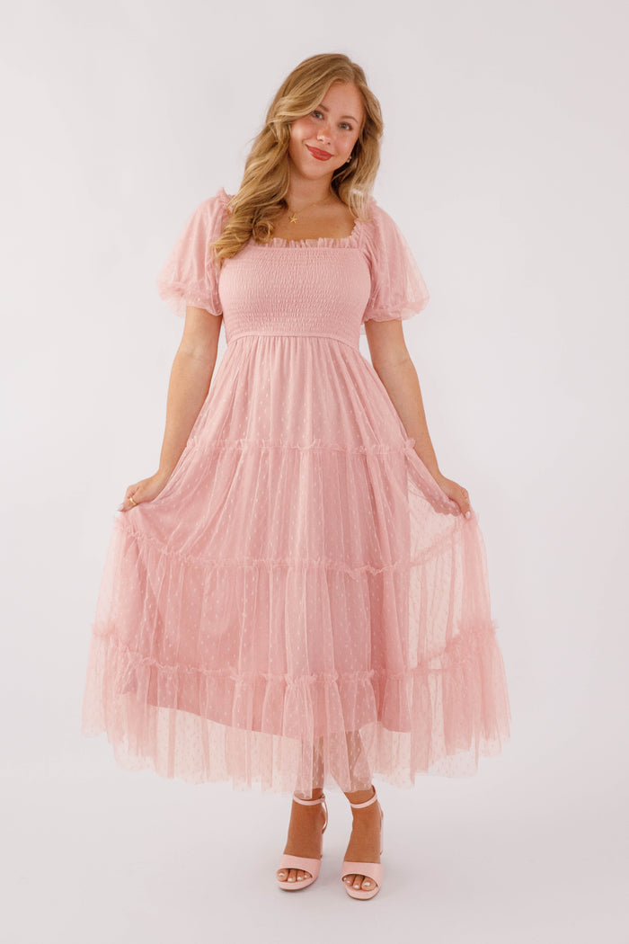 Blush Pink Midi Dress- Tulle Swiss Dot Midi Dress- Spring Summer Dresses