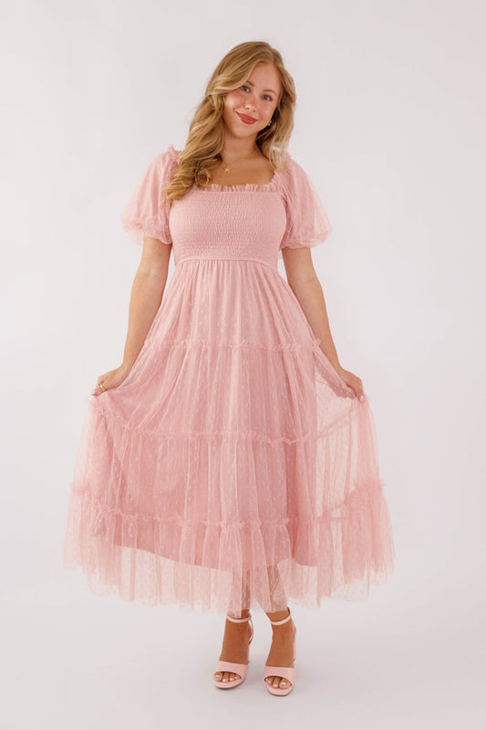 Blush Pink Midi Dress- Tulle Swiss Dot Midi Dress- Spring Summer Dresses