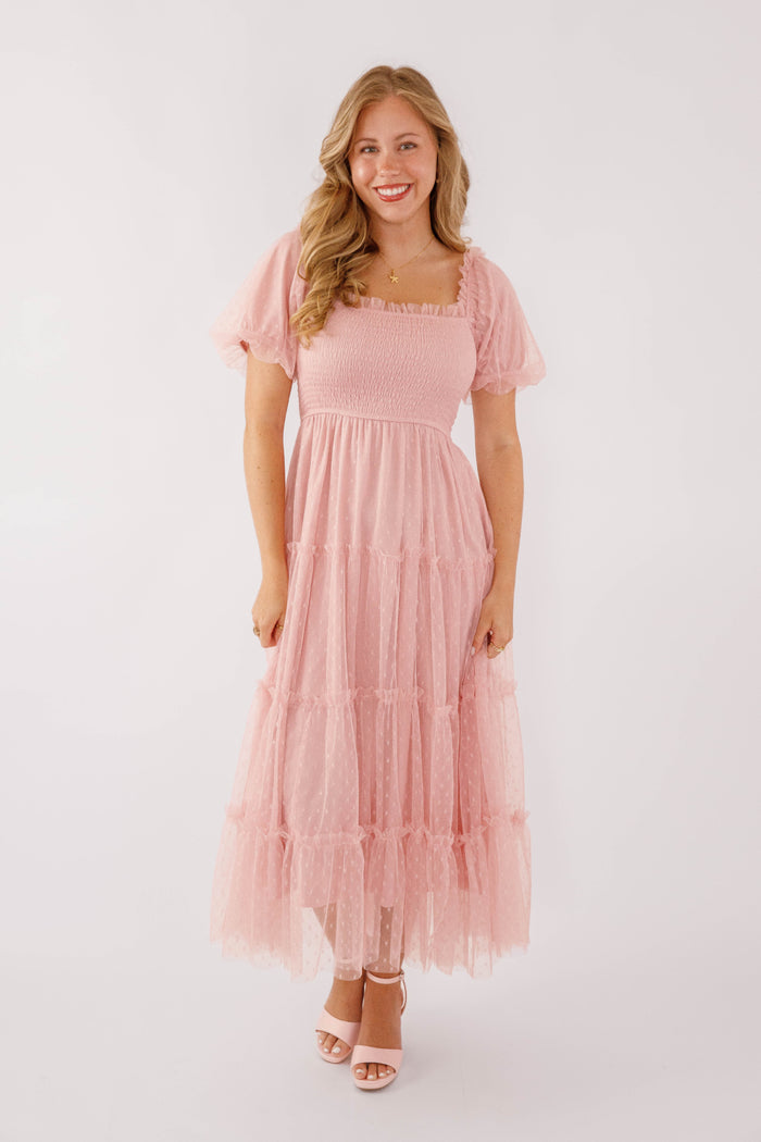 Blush Pink Midi Dress- Tulle Swiss Dot Midi Dress- Spring Summer Dresses