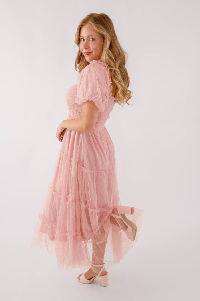 Blush Pink Midi Dress- Tulle Swiss Dot Midi Dress- Spring Summer Dresses