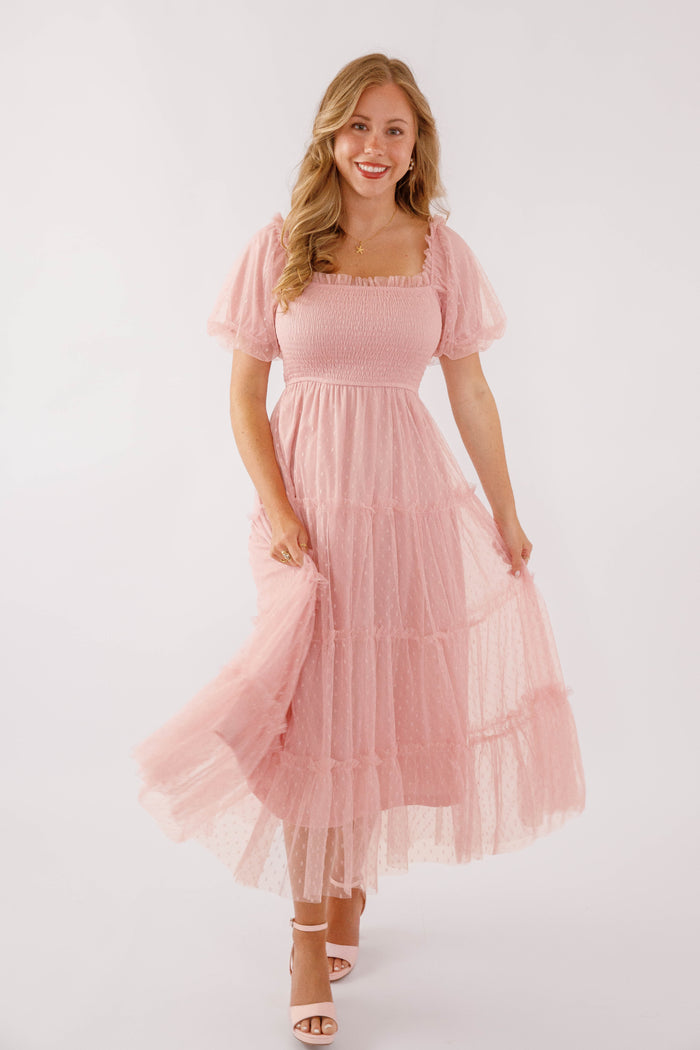 Blush Pink Midi Dress- Tulle Swiss Dot Midi Dress- Spring Summer Dresses