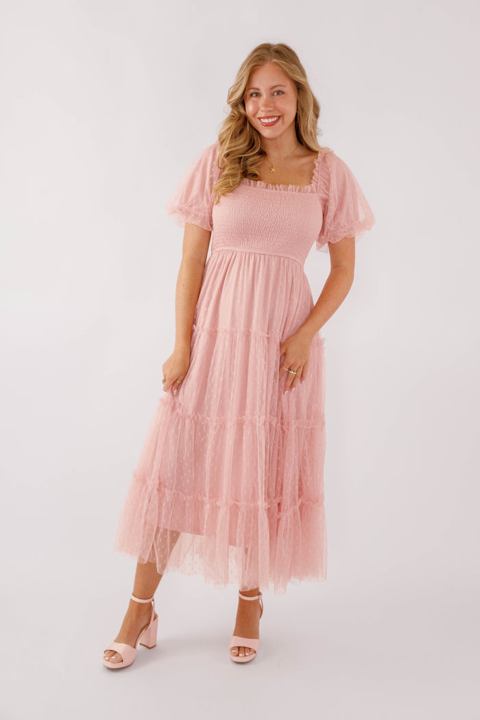 Blush Pink Midi Dress- Tulle Swiss Dot Midi Dress- Spring Summer Dresses