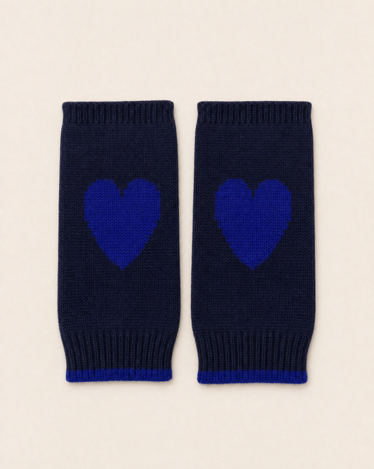 Merino Wool Fingerless Heart Gloves | Navy/Cobalt