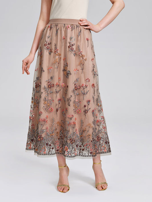 Mesh Embroidered Flare Skirt