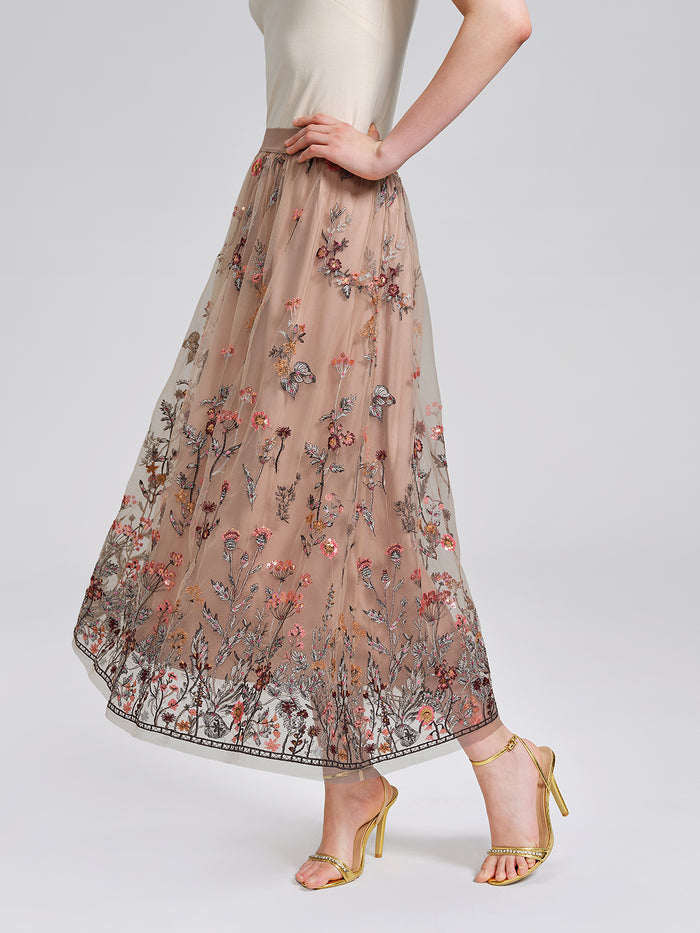 Mesh Embroidered Flare Skirt