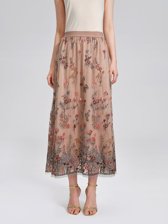 Mesh Embroidered Flare Skirt