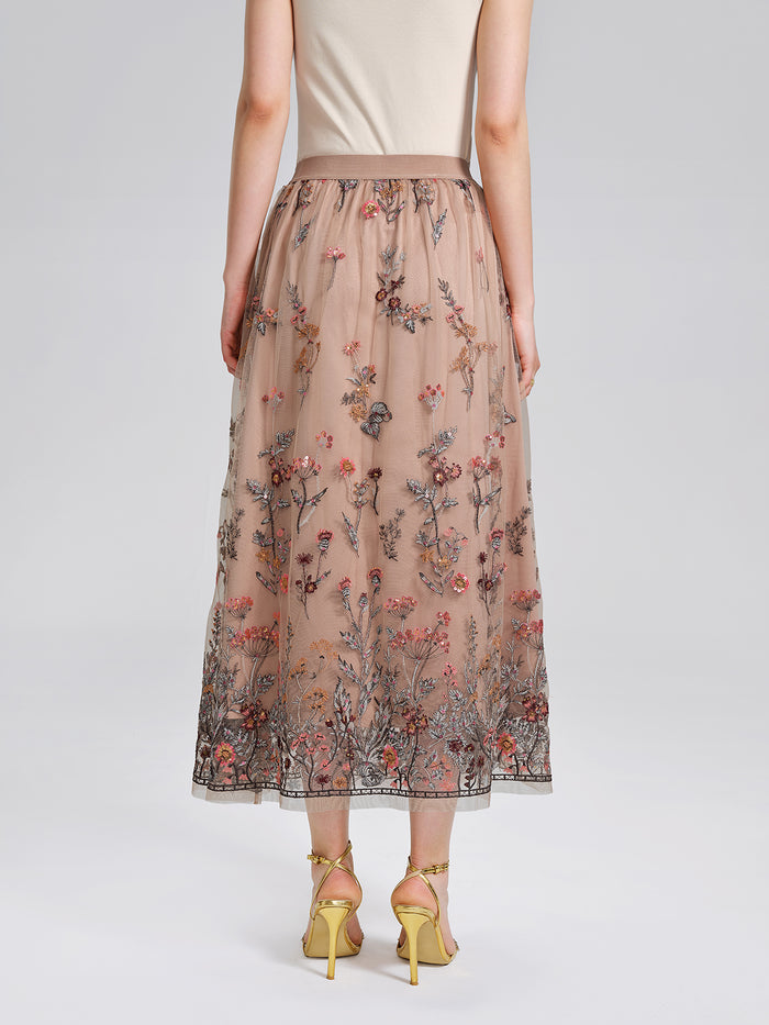 Mesh Embroidered Flare Skirt