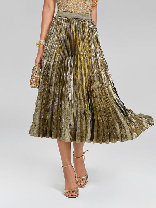 Metallic Pleated Elastic-Waist A-Line Skirt