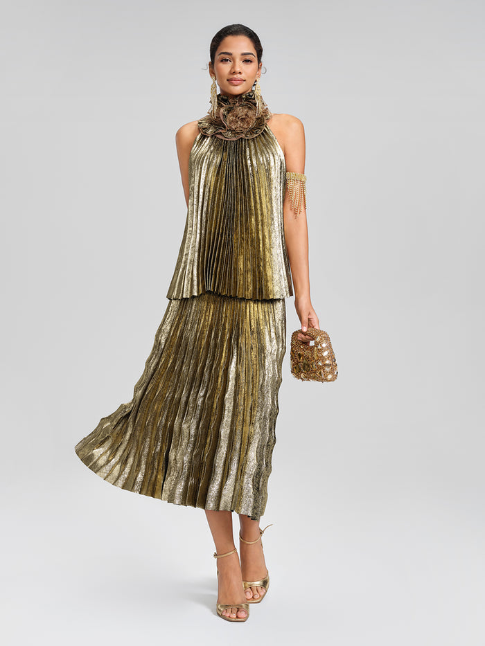 Metallic Pleated Elastic-Waist A-Line Skirt