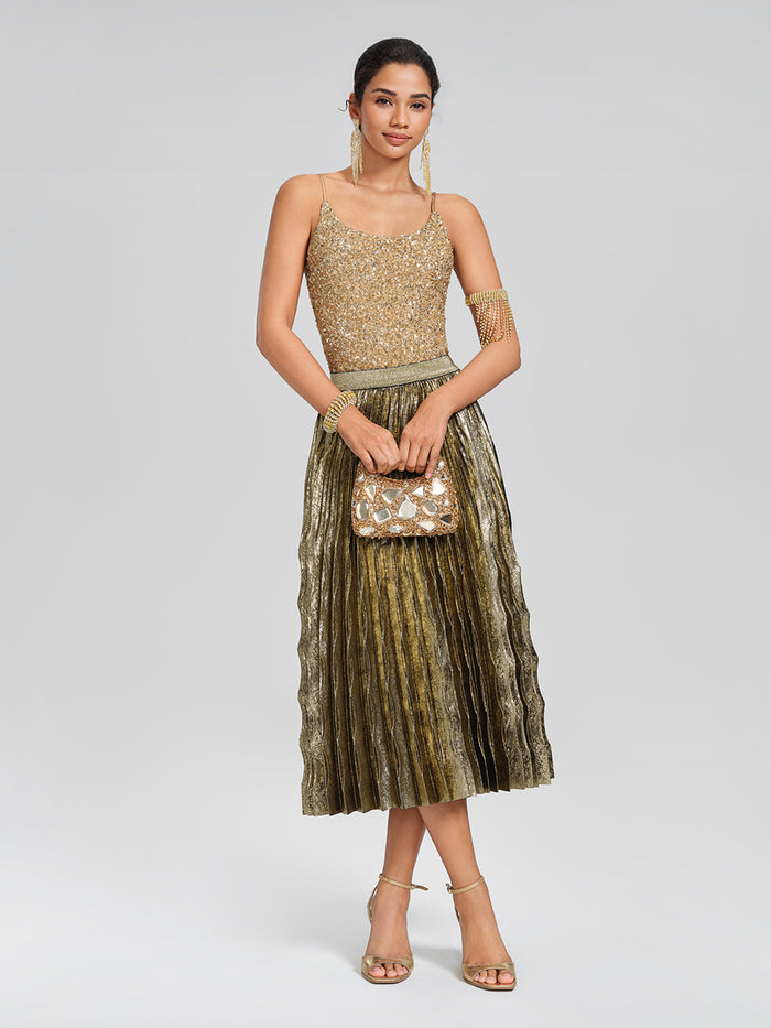 Metallic Pleated Elastic-Waist A-Line Skirt