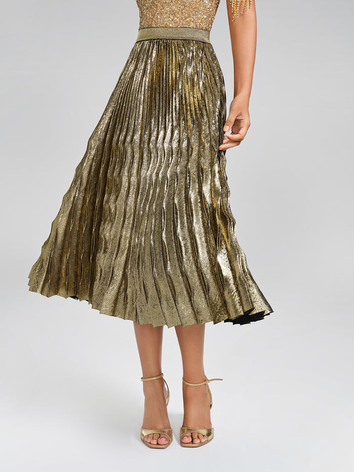 Metallic Pleated Elastic-Waist A-Line Skirt