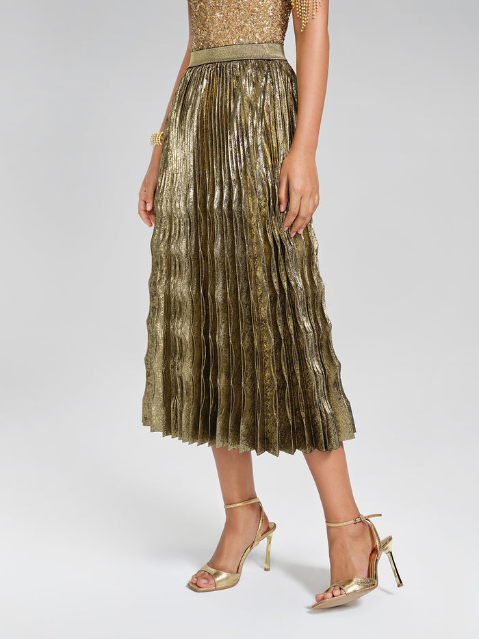 Metallic Pleated Elastic-Waist A-Line Skirt