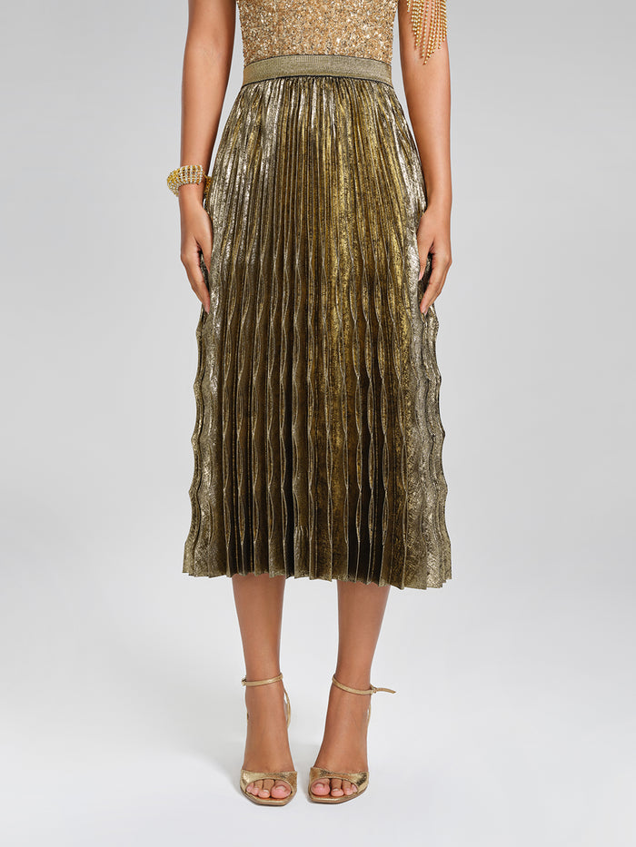 Metallic Pleated Elastic-Waist A-Line Skirt