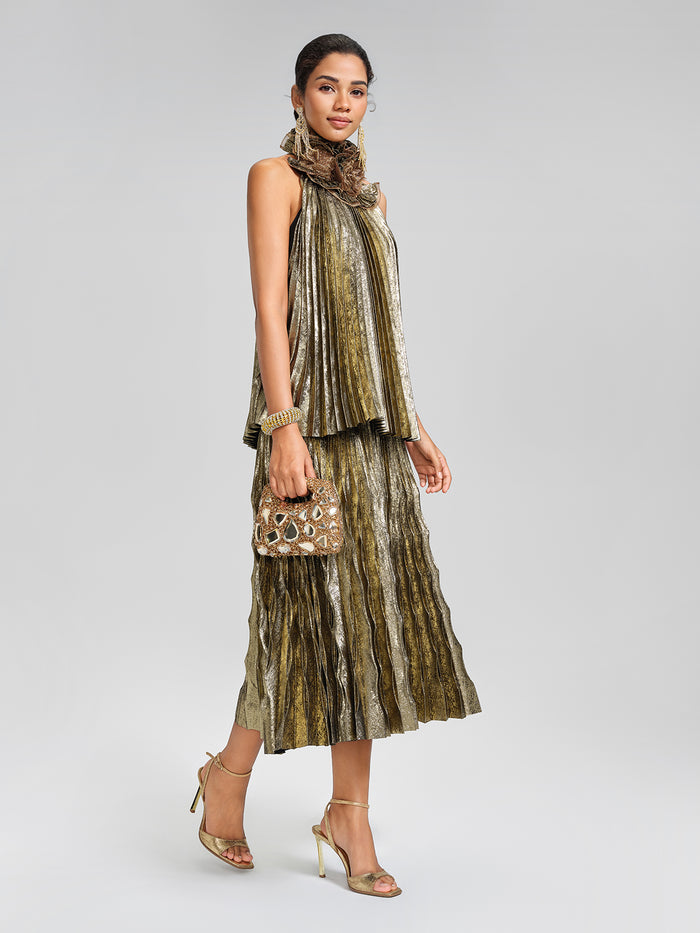 Metallic Pleated Elastic-Waist A-Line Skirt