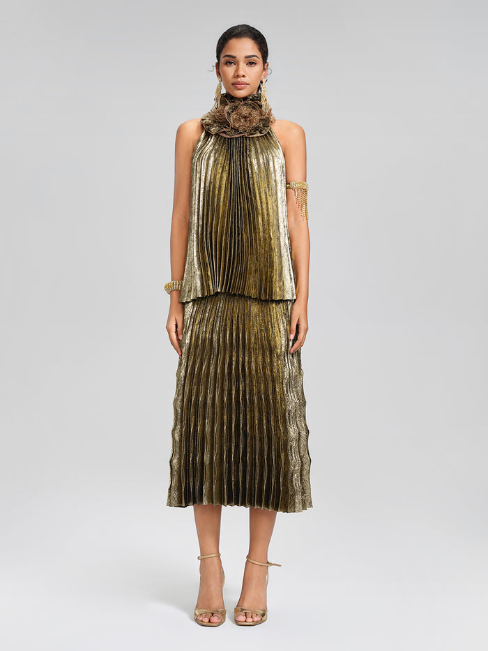 Metallic Pleated Elastic-Waist A-Line Skirt