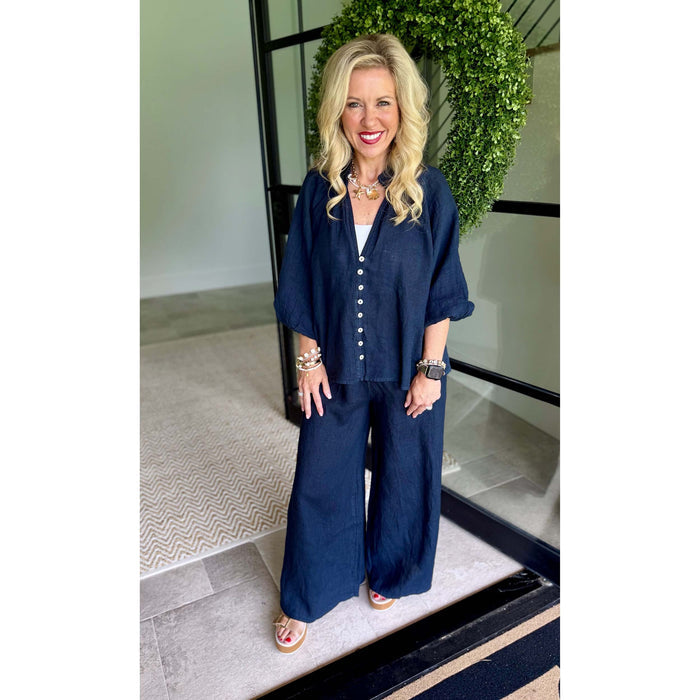Milio Milano Wide Leg Palazzo Linen Pants with Pockets – Navy