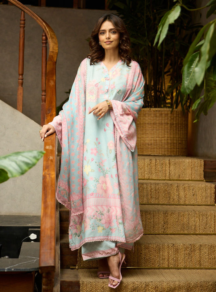 Mulmul Organza Printed Pia Blue Dupatta