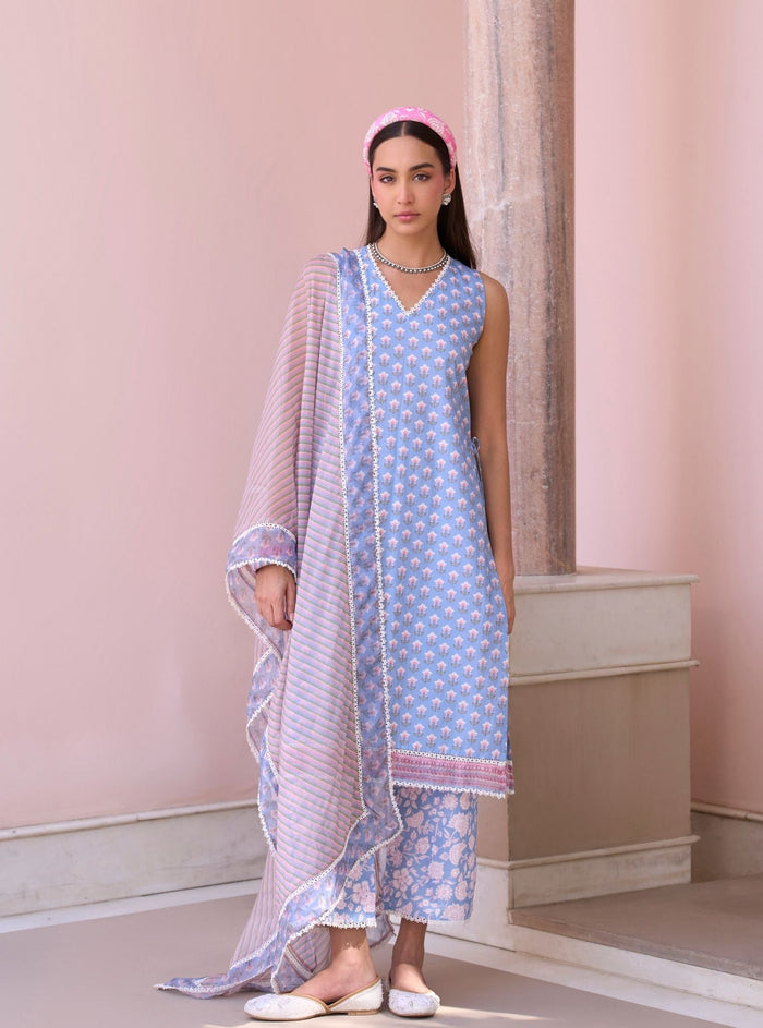 Mulmul Organza Printed Rajvella Steel Blue Dupatta