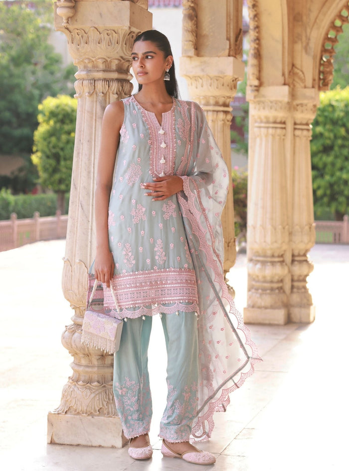 Mulmul Organza Taveli Light Blue Pink Dupatta